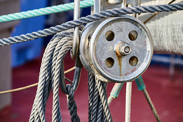 Close-up view of a wheel pulley attached to a fly boom on a commercial fishing trawler.