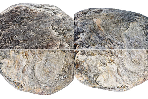 Collection of natural stone textures isolated on white background. Uneven edges. Rectangular composite image of pebble textures