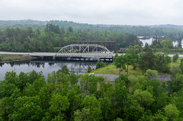 Aerial View of a Suspension Bridge During Summer. The Bridge is located in Saint-Raymond, Québec at la Vallée du Bras du Nord also known as VBN.