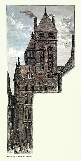 Clock tower from Bell Yard, Royal Courts of Justice, London, Victorian Gothic Revival architecture, Vintage illustration, 1880s, 19th Century