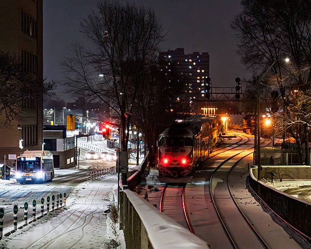 Hamilton, Ontario Passenger train passing through at night