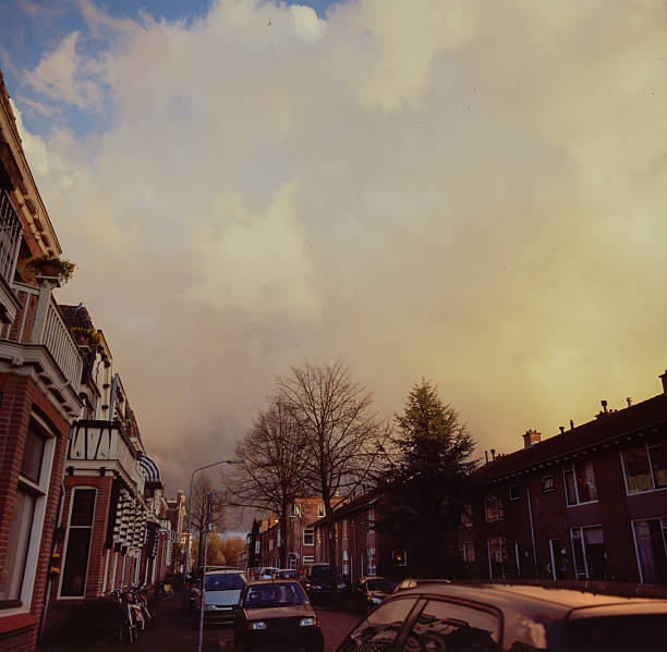 Scanned analog film photograph of Dutch residential street at sunset with warm golden sky and vintage atmospheric color cast showing dust particles