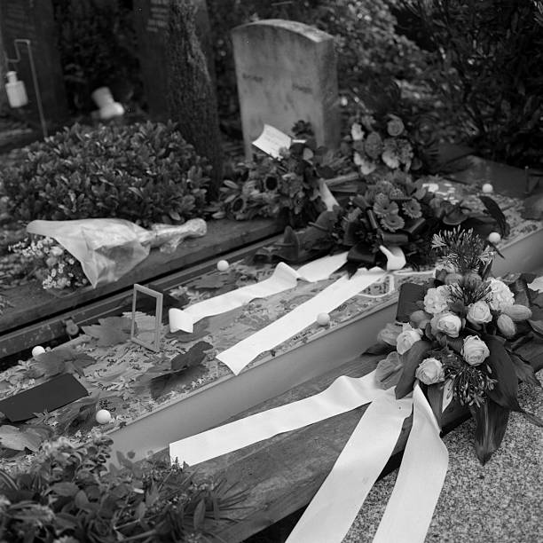An old, weathered stone cross stands amidst fallen leaves and green foliage in a cemetery. The cross is partially covered in ivy, adding to the aged and melancholic atmosphere.