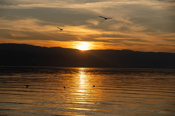 Golden hour sunset over a calm mountain lake, orange sky and reflections with silhouetted peaks and three birds flying. Iznik, bursa, turkey