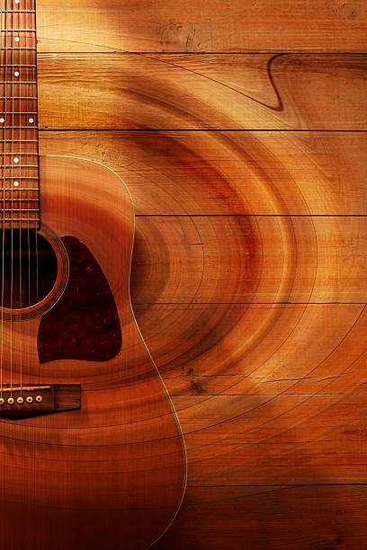 istock Acoustic guitar on wooden surface with sound waves and space for copy 2254391662