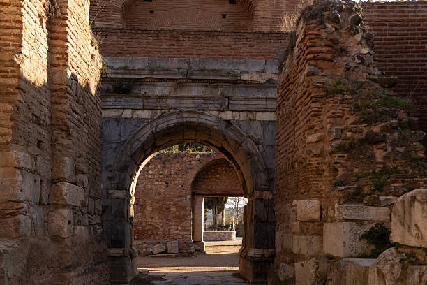 Historic roman era stone and brick archway leading into the ancient city of iznik, turkey, featuring preserved architectural elements from a past civilization. Iznik, bursa, turkey