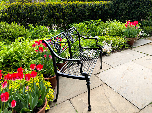 Bench on a stone patio in a garden
