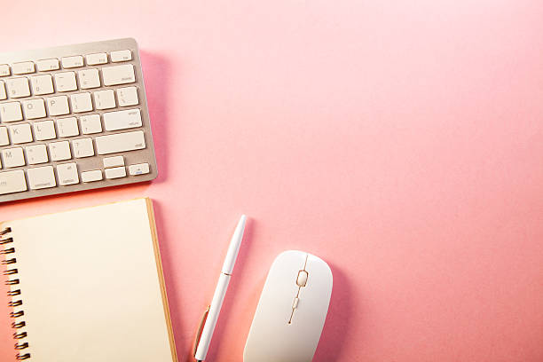 istock modern workplace with laptop on color background 2254394618