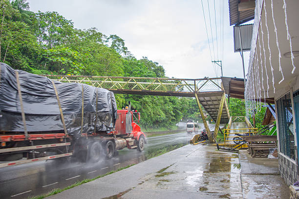 A busy scene in San Cipriano, Buenaventura, Valle del Cauca, showing traffic passing under a pedestrian bridge amidst lush greenery.