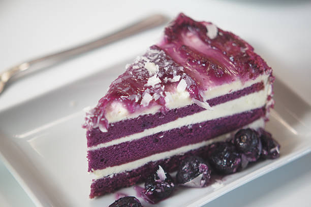 Colorful purple cake with cream and blueberries showcased on a plate