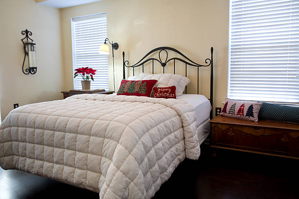 Modern interior of bedroom with Christmas pillows, sunlight shining in through blinded windows.