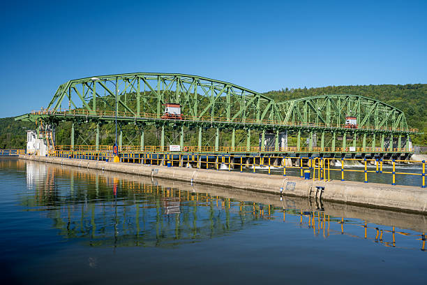 Erie Canal Lock 13 over scenic Mohawk River, Fultonville, NY, USA