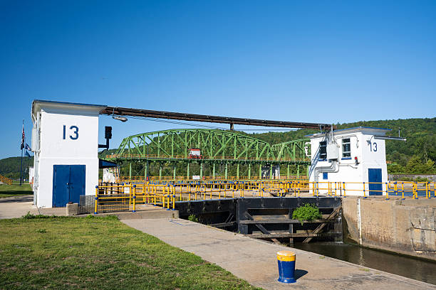 Erie Canal Lock 13 over scenic Mohawk River, Fultonville, NY, USA