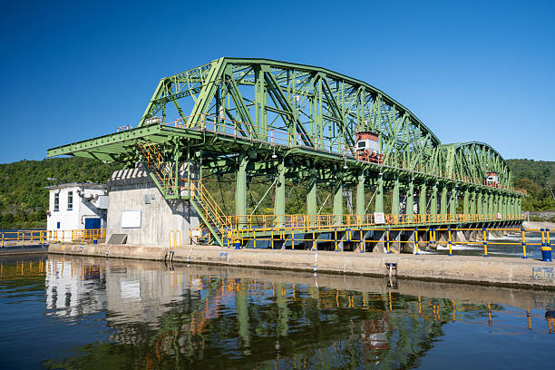 Erie Canal Lock 13 over scenic Mohawk River, Fultonville, NY, USA