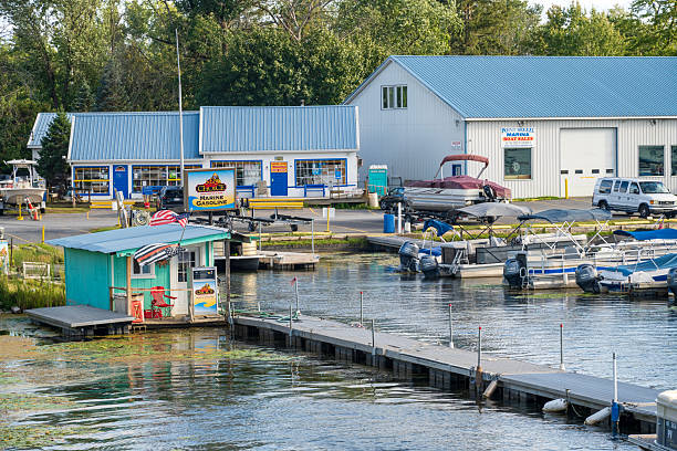 Saratoga Springs, USA - August 30, 2025. Pier at Point Breeze Marine by Saratoga Lake, Saratoga Springs, New York, USA
