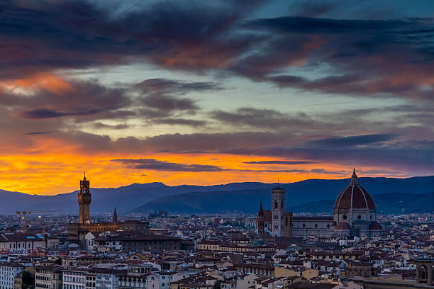 istock Florence city view from a top hill viewpoint with historic rooftops, domes, and Arno River in Italy 2254400611