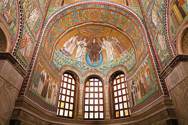 Ravenna, Italy - November 24, 2025: The apse mosaic of the Basilica of San Vitale in Ravenna, Emilia-Romagna, Italy. Created in the 6th century, the mosaic is a key example of early Byzantine religious art in Italy. The basilica is part of the UNESCO World Heritage–listed Early Christian Monuments of Ravenna.