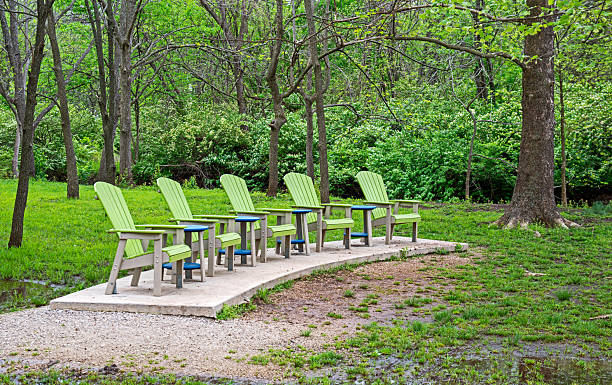Green is the color signifying spring, new beginnings, nature, health and energy. Green is the dominate color in this lawn, leaves and chairs for seating.