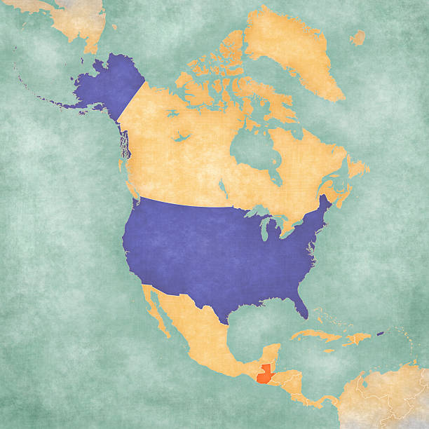 USA and Guatemala on the map of North America in soft grunge and vintage style, like old paper with watercolor painting.