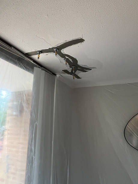istock A concrete ceiling crack repair is underway using sealed epoxy and pressurised injection nipples to stop water ingress from below 2254405040