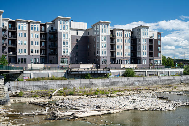 Rochester, USA - August 31, 2025. Riverfront apartments in Rochester, New York, USA
