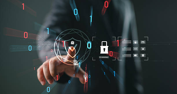 istock Cybersecurity and AI protection concept with businessman touching digital lock icon. Binary code and shield graphics represent data privacy, secure access, and smart network defense. 2254409580