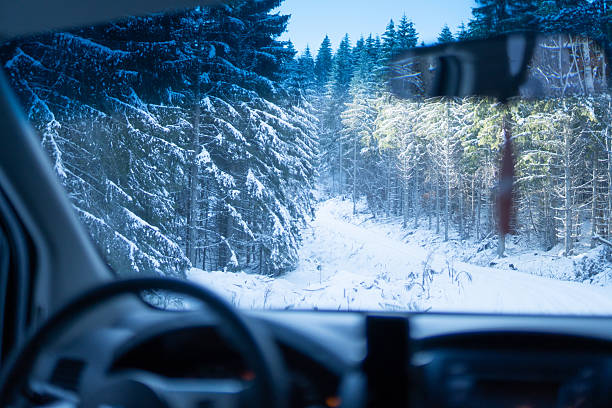 istock Pine forest covered in snow seen through car windshield 2254409639