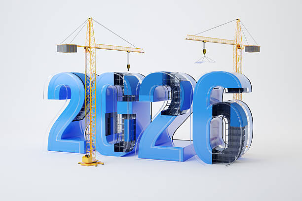 istock 2026 and cranes, 3d illustration 2254411165