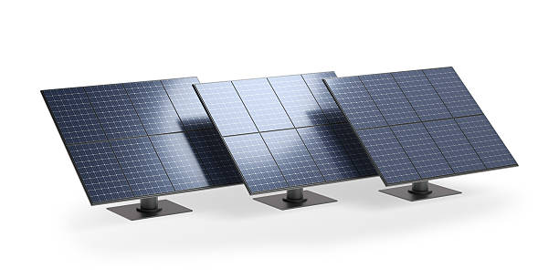 istock Three modern solar panels on metal stand isolated on a transparent background, 3d illustration 2254411418