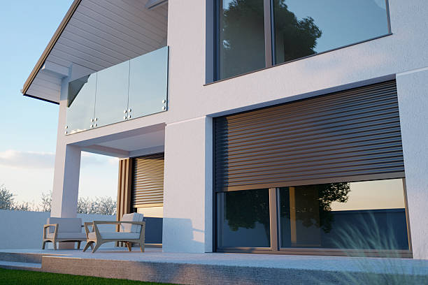 istock Window roller illustration - modern house with terrace, 3D illustration 2254412764