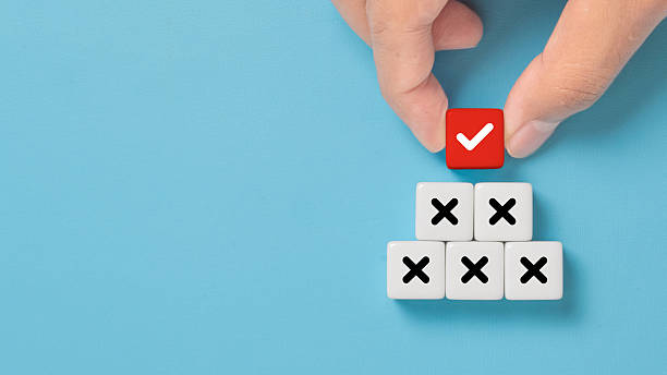 istock Hand choose dice stack with check mark and cross symbol for customer survey service and feedback. 2254415077