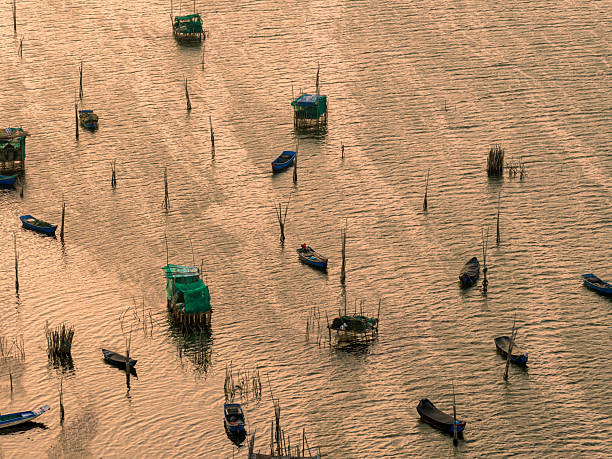 Drone view of river by fishing village in Phu yen province, central Vietnam