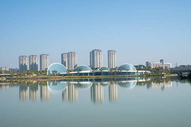 City residential buildings by the lakeside in the morning