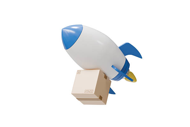 istock 3d rocket delivery icon. express shipping concept. minimal cartoon parcel box courier for ecommerce delivery. isolated on white transparent background. 3d render. 2254434134