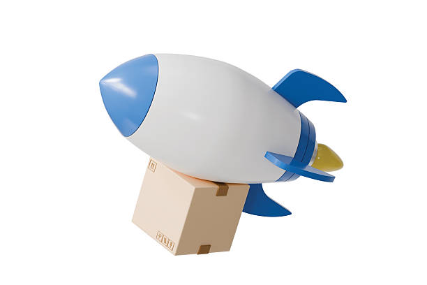 istock 3d rocket delivery icon. express shipping concept. minimal cartoon parcel box courier for ecommerce delivery. isolated on white transparent background. 3d render. 2254434137