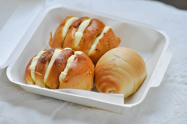 garlic bread or cheese bun, mozzarella cheese bun or bun with cheese and Shio Pan in the box