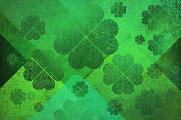 Celebrate St. Patrick's Day with this vibrant green background featuring a variety of distressed shamrocks and geometric shapes. The weathered texture adds a vintage feel to the design, making it perfect for festive invitations, social media posts, or holiday-themed graphic design projects.