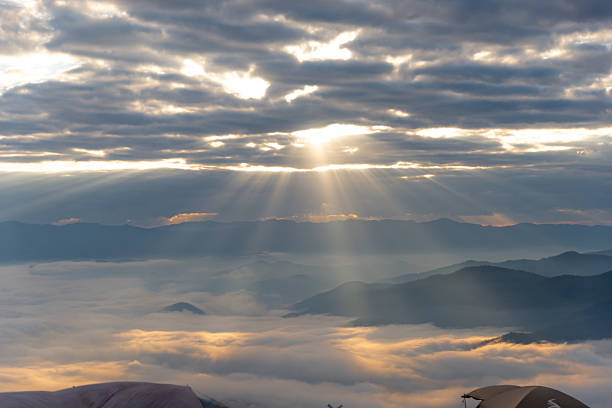Morning sunlight mountain views and fog.