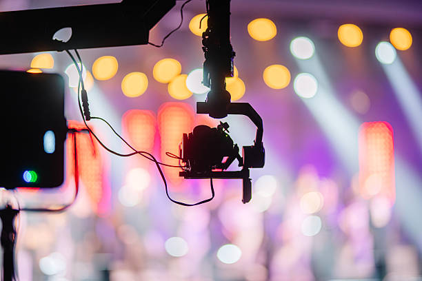 istock Camera equipment suspended from a rig captures vibrant stage performance with colorful lights and blurred audience, showcasing the excitement of live entertainment and event production 2254451176