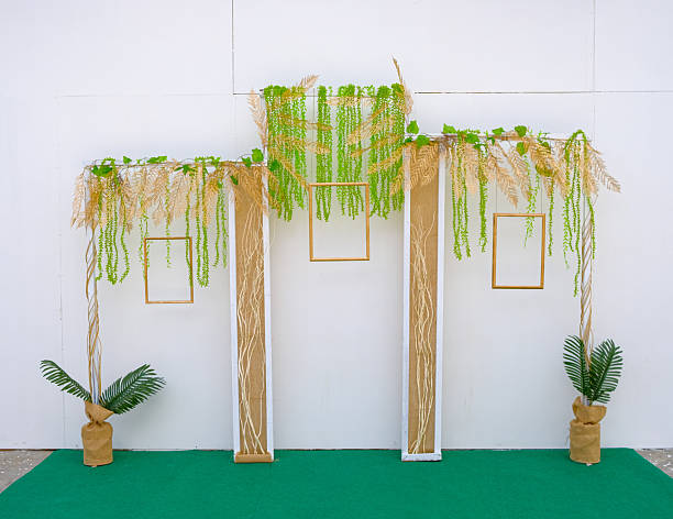 istock An elegant white decorative backdrop featuring hanging greenery, gold frames, and natural botanical accents for events and weddings. 2254452196