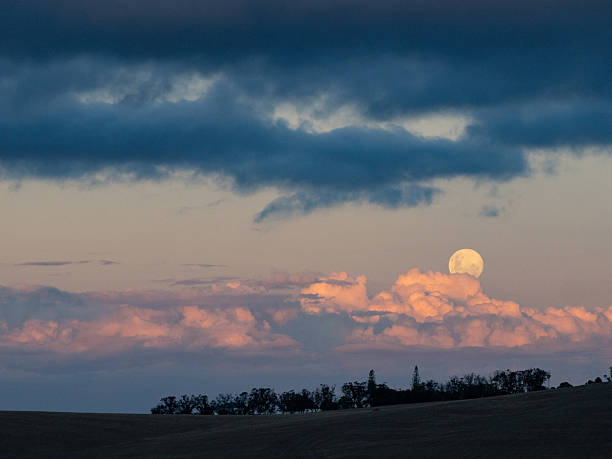 Full moon rising above the horizon with pink clouds