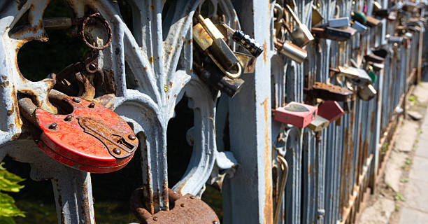 istock Rusty love locks on metal bridge railing 2254453760
