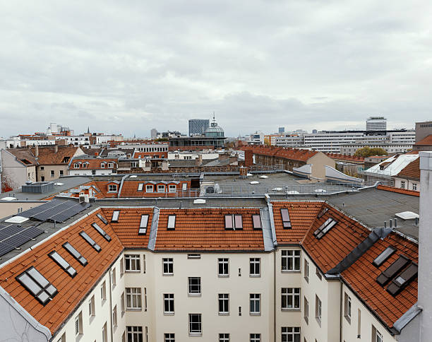Aerial Cityscape showing residential buildings and dense urban living in Berlin Prenzlauer Berg and Mitte