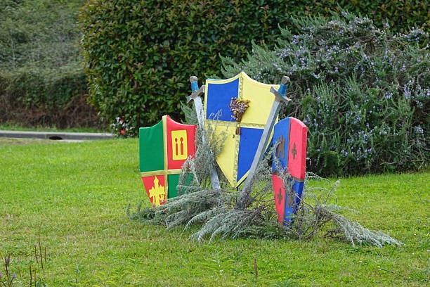 Knights' battle shields and swords standing on green grass, representing history, reenactment, and fantasy adventure