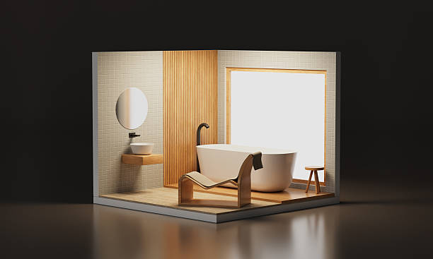 istock Isometric Cozy Modern Bathroom Interior with Bathtub and Lounge Chair 2254460119