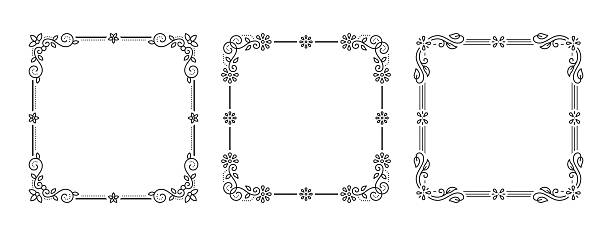 Ornamental Square Frame Set with Filigree Floral Decorative Corners Line Art in Vintage Style. Elegant Ornamental Border Frames for Wedding, Invitation, Poster, Menu, Letterhead. Vector Illustration