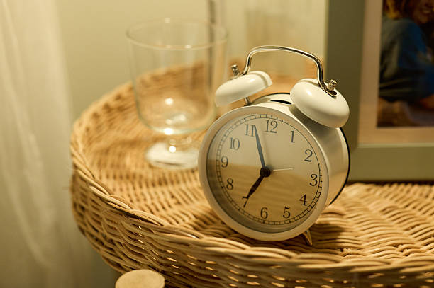 Vintage style alarm clock sitting on a wicker basket nightstand in a cozy bedroom