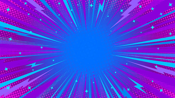 Burst Abstract Pop Art Comic Vector Background with Neon Blue Speed Lines Dynamic Rays, Purple Halftone Texture, Stars Lightning Bolts. Eye Catching Explosion Template. High Energy Bold Manga Effects