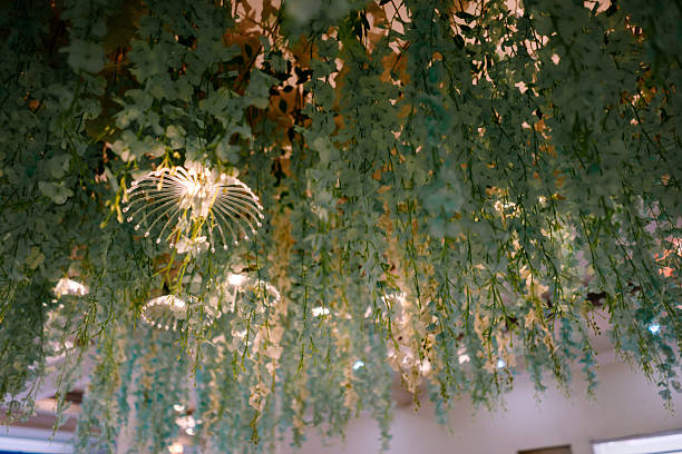 A captivating display of white artificial flowers and modern light fixtures hanging from the ceiling, perfect for creating an elegant atmosphere at events, weddings, or luxurious interiors.
