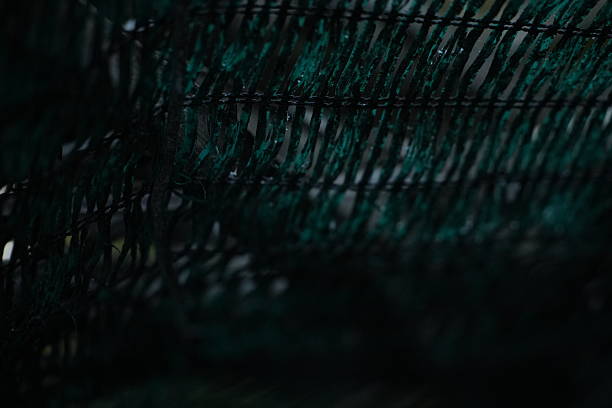 A very close-up shot of dark green mesh fabric reveals its rough texture and intricate weave. The deep shadows and muted colors create a moody and industrial aesthetic, perfect for background use.